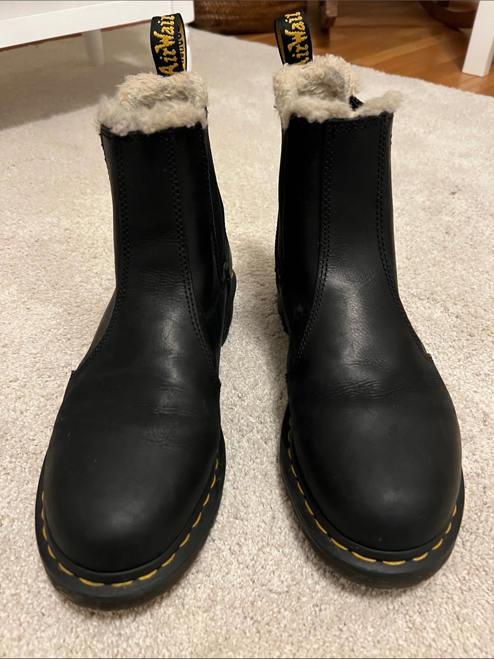 Dr. Martens Black Leather Lenore Boots with Shearling Lining & Collar